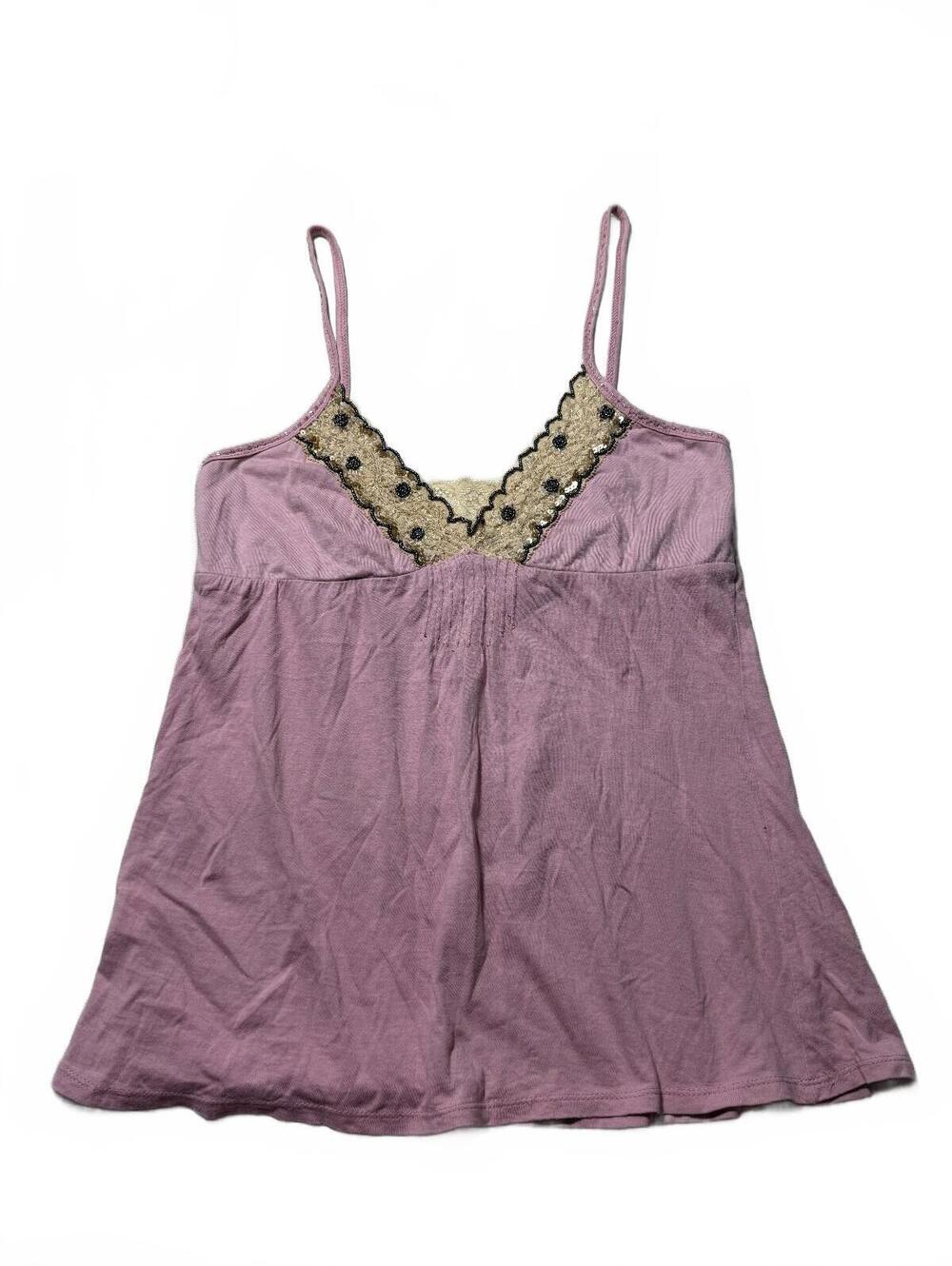 Y2K Light Pink Feminine Sequined Babydoll Tank With Beaded Straps Size M